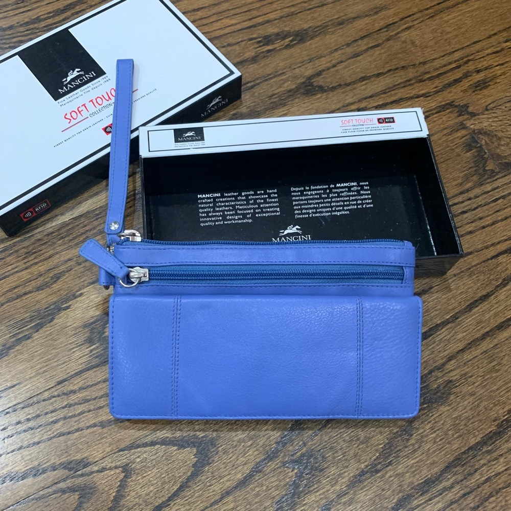 New Mancini Blue Leather Wallet Wristlet
